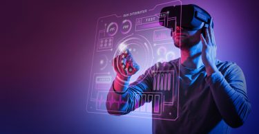 Man wearing VR Glasses using floating user interface