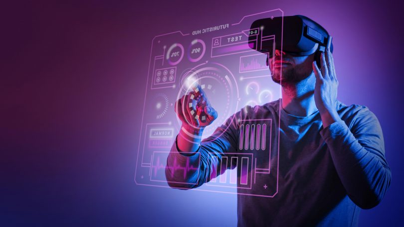 Man wearing VR Glasses using floating user interface