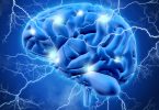 Picture of a 3D blue brain and blue background with lightning shooting out of it