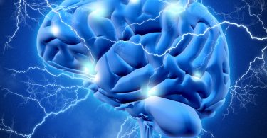 Picture of a 3D blue brain and blue background with lightning shooting out of it