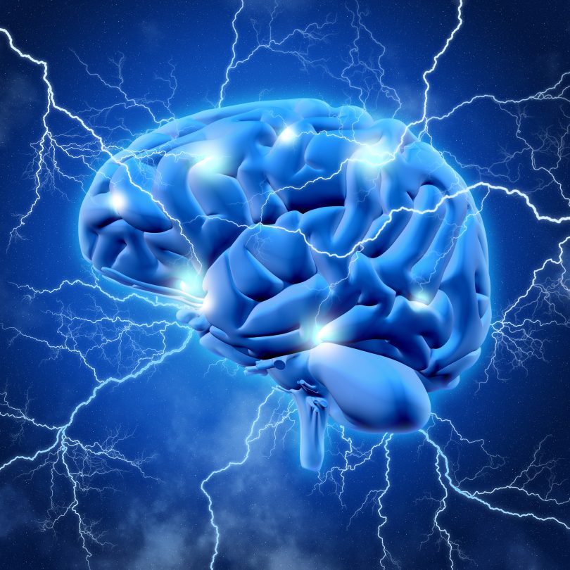 Picture of a 3D blue brain and blue background with lightning shooting out of it