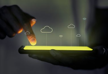 Finger with touch screen phone with cloud and wifi images overlaid on top