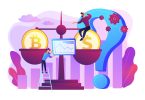 Man on ladder hanging screen on scale that has bitcoin coin on one side and a dollar coin on the other with a purple cityscape background