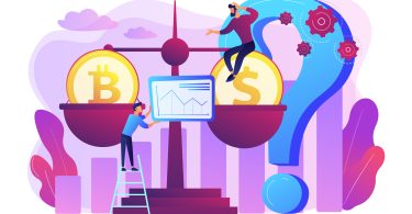 Man on ladder hanging screen on scale that has bitcoin coin on one side and a dollar coin on the other with a purple cityscape background