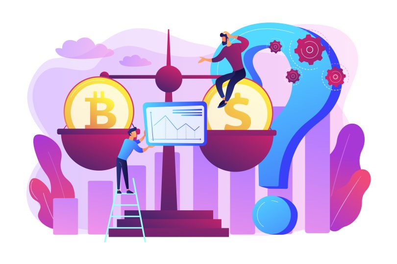 Man on ladder hanging screen on scale that has bitcoin coin on one side and a dollar coin on the other with a purple cityscape background