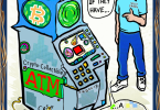 Rare Digital Art ATM with bluish green crystals in a light blue box on top of a grey atm while Joe's cartoon self looks at it in a cartoon like drawing.
