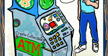 Rare Digital Art ATM with bluish green crystals in a light blue box on top of a grey atm while Joe's cartoon self looks at it in a cartoon like drawing.