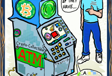 Rare Digital Art ATM with bluish green crystals in a light blue box on top of a grey atm while Joe's cartoon self looks at it in a cartoon like drawing.