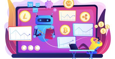 Guy leaning back on chair looking at giant laptop with Crypto currency assets, charts and a robot floating