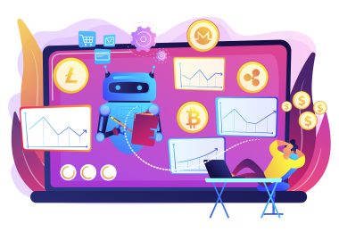 Guy leaning back on chair looking at giant laptop with Crypto currency assets, charts and a robot floating