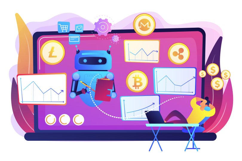 Guy leaning back on chair looking at giant laptop with Crypto currency assets, charts and a robot floating