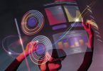 Picture of woman with Augmented Reality (AR) headset on in black clothes with grey and black background and heads up display that's a purple and red hologram