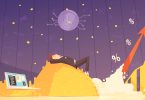 Our Crypto Decade featured image with cartoon man lying on pile of coins with laptop behind him staring at a purple sky with a gold chart and arrow leaning and pointing up and to the right