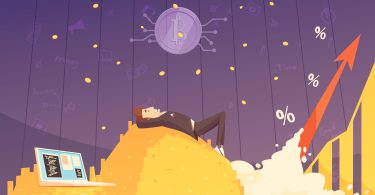 Our Crypto Decade featured image with cartoon man lying on pile of coins with laptop behind him staring at a purple sky with a gold chart and arrow leaning and pointing up and to the right