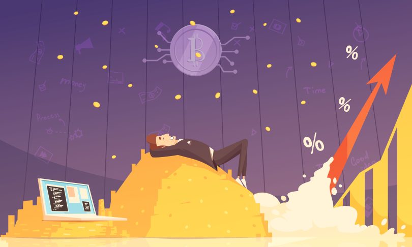 Our Crypto Decade featured image with cartoon man lying on pile of coins with laptop behind him staring at a purple sky with a gold chart and arrow leaning and pointing up and to the right