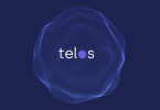 Blue background with Telos logo in middle of nebula looking graphic