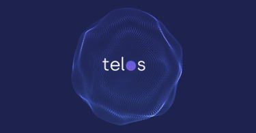 Blue background with Telos logo in middle of nebula looking graphic