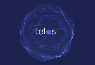Blue background with Telos logo in middle of nebula looking graphic