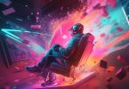 Man in neon suit sits in chair in matrix metaverse with purple and pink cyberpunk matrix background exploding
