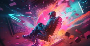 Man in neon suit sits in chair in matrix metaverse with purple and pink cyberpunk matrix background exploding