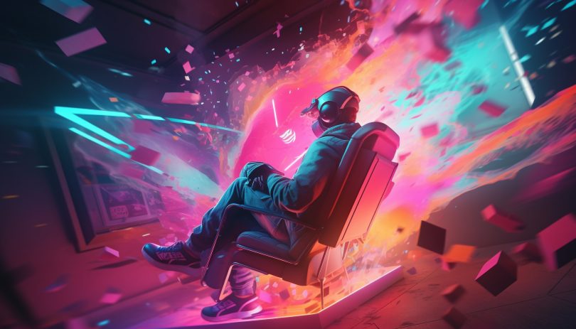 Man in neon suit sits in chair in matrix metaverse with purple and pink cyberpunk matrix background exploding