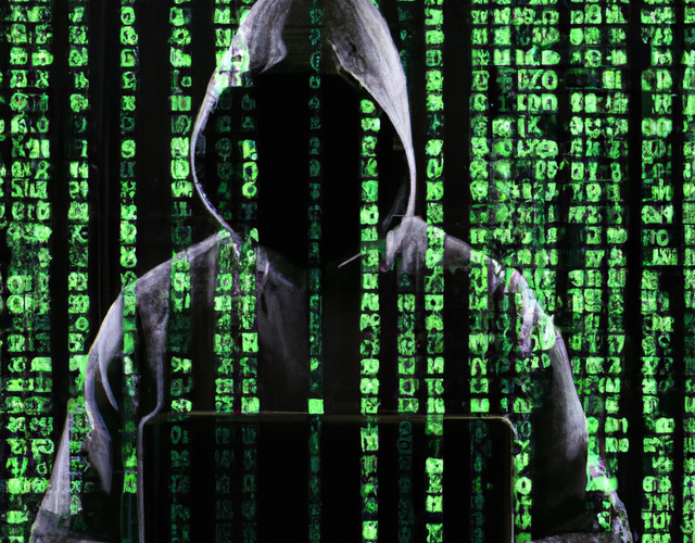 One of those Hackers in a black hoodie with green matrix like text and graphics overlaid on top