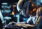 A depiction of Artificial Intelligence (AI) with a robot using a laptop Image by Freepik