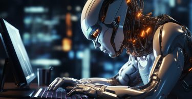 A depiction of Artificial Intelligence (AI) with a robot using a laptop Image by Freepik