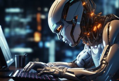 A depiction of Artificial Intelligence (AI) with a robot using a laptop Image by Freepik