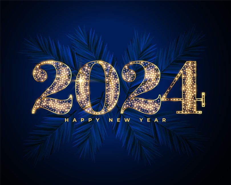 golden sparkling 2024 new year eve lettering background design vector