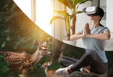 VR Headset in room with plant and forest with deer